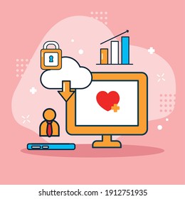Social Media-Computer mit Symbolset-Design, Multimedia-Kommunikation und digitalem Thema Vektorgrafik