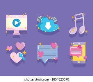 medios sociales, datos de música de mensajes de video por computadora en ilustración vectorial de estilo de caricatura