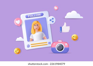 Social media concept 3D illustration. Icon composition with happy woman posting photo, content post in blog, emoji and likes, sharing links and follow. Vector illustration for modern web design