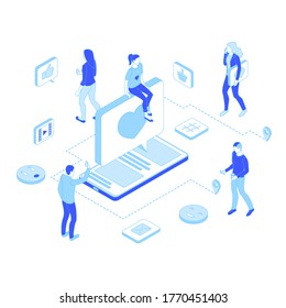 Social Media Concept 3d Isometric View Include of Like Sign, Mobile Phone, Chat and Comment. Vector illustration