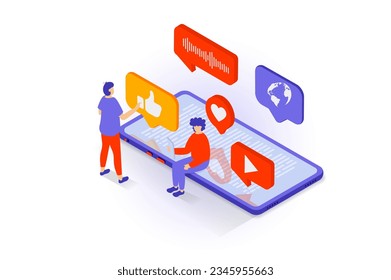 Social media concept in 3d isometric design. People using mobile app for chatting, sending audio voice messages, watching videos, communicate. Vector illustration with isometry scene for web graphic