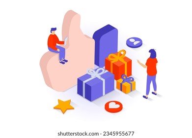 Social media concept in 3d isometric design. People likes popular posts, sharing content, manage online profiles, get gifts from influencers. Vector illustration with isometry scene for web graphic