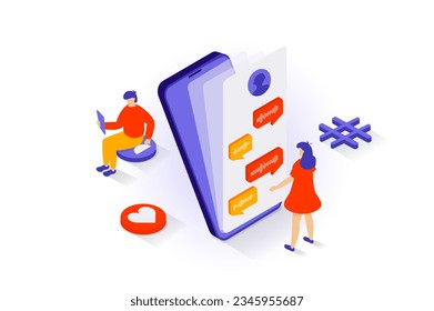 Social media concept in 3d isometric design. People communicates online and sending audio voice messages in chat, collecting likes and hearts. Vector illustration with isometry scene for web graphic