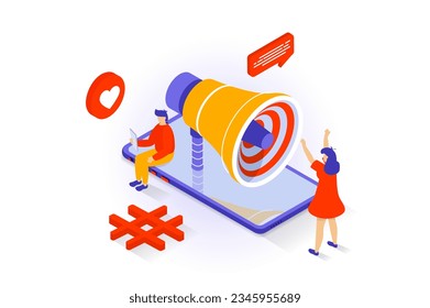 Social media concept in 3d isometric design. People using content and online promotion tools for developing blogs and attracting followers. Vector illustration with isometry scene for web graphic
