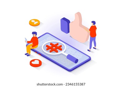 Social media concept in 3d isometric design. People networking and connecting online, leaving feedback and likes, searching hashtag posts. Vector illustration with isometry scene for web graphic