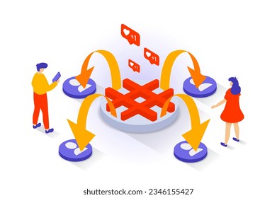 Social media concept in 3d isometric design. People finding ew post with trending hashtags and sharing info with friends from contact list. Vector illustration with isometry scene for web graphic