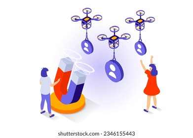 Social media concept in 3d isometric design. People attracting new auditorium by marketing magnet, flying drone carrying new followers to blog. Vector illustration with isometry scene for web graphic