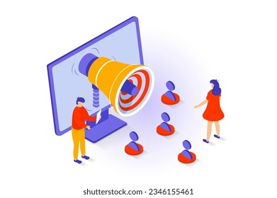 Social media concept in 3d isometric design. People using megaphone and online advertising tools for promotion blogs and attracting followers. Vector illustration with isometry scene for web graphic