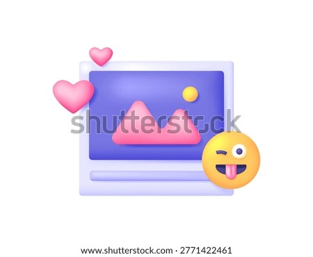 Social media concept. 3D style illustration of social media upload or post symbols, hearts, and emoticons. content, cyberspace, tongue sticking out emoji. Element, icon, 3D vector. White background