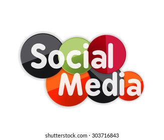 Social media concept banner, glossy circles with words, letters