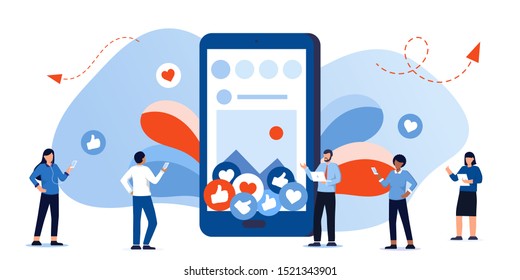 Social media concept banner. People posting and sharing photos, post in social networks. Leave like and comments. Communication with friends via internet. template for digital marketing, infographic