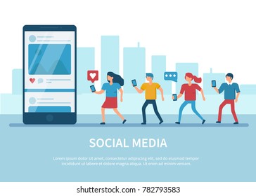 Social Media Concept Banner With Text Place. Flat Style Minimal Vector Illustration Isolated On White Background.