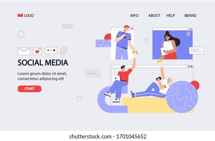 Social Media Concept for banner and website. Young men and women sitting on mobile app and using smartphone and laptop for texting message to friends. Internet social networking chat.