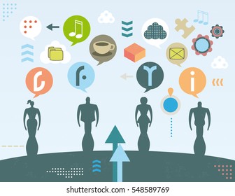 Social media concept with bubble icons, infographics elements and grunge texture.