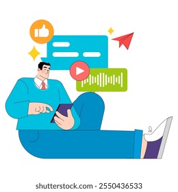 Conceito de mídia social. Empresário engajando com conteúdo digital no smartphone. Análise de tendências populares on-line e marketing. Ilustração vetorial.