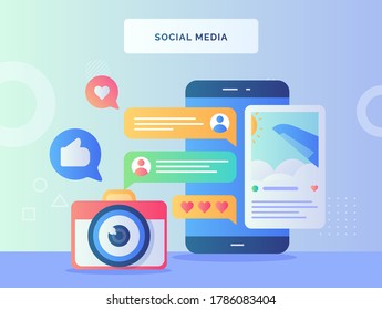 Social media concept camera window plane picture in front smart phone background of feedback comment like with flat style.