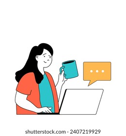 Social media concept with cartoon people in flat design for web. Woman networking, chatting with friends, posting and gets comments. Vector illustration for social media banner, marketing material.
