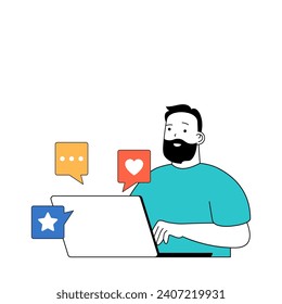 Social media concept with cartoon people in flat design for web. Man networking and chatting, sending messages, commenting and likes. Vector illustration for social media banner, marketing material.