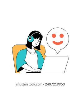 Social media concept with cartoon people in flat design for web. Woman chatting at laptop with users and sending emoticons reaction. Vector illustration for social media banner, marketing material.