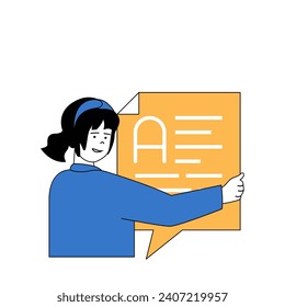 Social media concept with cartoon people in flat design for web. Woman creating text post, commenting or sending message in bubble. Vector illustration for social media banner, marketing material.