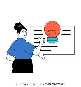Social media concept with cartoon people in flat design for web. Woman brainstorming, creating and editing text in bubble message. Vector illustration for social media banner, marketing material.