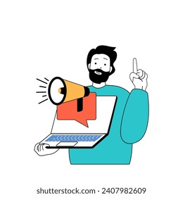 Social media concept with cartoon people in flat design for web. Man making mailing and advertising campaign for online promotion. Vector illustration for social media banner, marketing material.