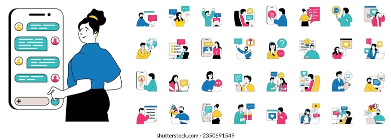 Social media concept with character situations mega set. Bundle of scenes people connecting online, sending messages, posts new photos, search info and other. Vector illustrations in flat web design