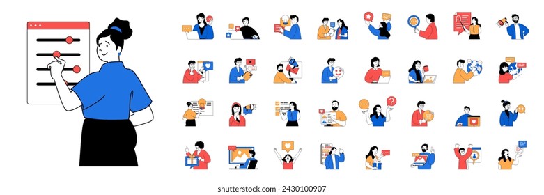 Social media concept with character situations mega set in flat web design. Bundle of scenes people communicating online with friends, sending emails, likes new posts and photos. Vector illustrations.