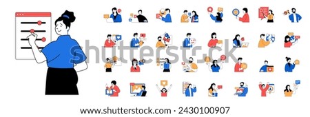 Social media concept with character situations mega set in flat web design. Bundle of scenes people communicating online with friends, sending emails, likes new posts and photos. Vector illustrations.