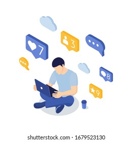 Social media concept with character. Concept of using a laptop for social media