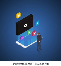 Social media concept with character watching on video player. Social iconss. Flat isometric vector illustration. Stock vector