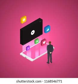 Social media concept with character watching on video player. Social iconss. Flat isometric vector illustration. Stock vector