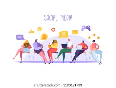 Social Media Concept with Characters Chatting on Gadgets. Group of Flat People Using Mobile Devices. Man and Woman Social Networking and Blogging. Vector illustration