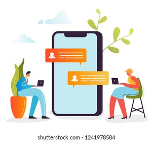Social Media Concept. Characters Chatting in Social Networks Using Laptop and Smartphone. Man and Woman Communicating Online with Mobile Devices. Vector illustration