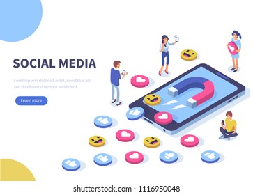 Social media concept with characters.  Flat isometric vector illustration isolated on white background.