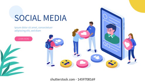 Social media concept with characters.  Flat isometric vector illustration isolated on white background.