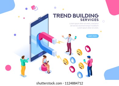 Social media concept with characters. Followers follow social trend, people talking and share a chat, tag or post comment online. Characters isometric flat illustration isolated on white background.