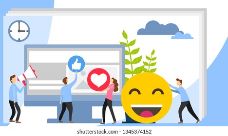 Social media concept with characters. Social Media theme, flat style, colorful, vector icon set for info graphics, websites, mobile and print media. I like it concept illustration of young people.