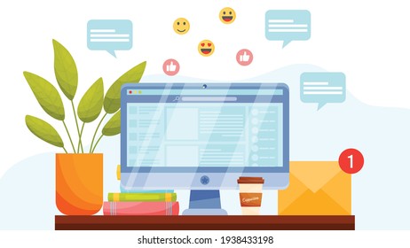 Social media concept. With chat bubbles, emotions and email notification. Workplace vector illustration. 