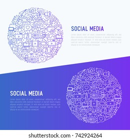 Social media concept in circle with thin line icons: of thumbs up, share, link, send e-mail, music, stream, comments. Vector illustration for banner, web page, print media.