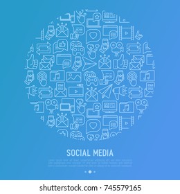Social media concept in circle with thin line icons: of thumbs up, share, link, send e-mail, music, stream, comments. Vector illustration for banner, web page, print media.