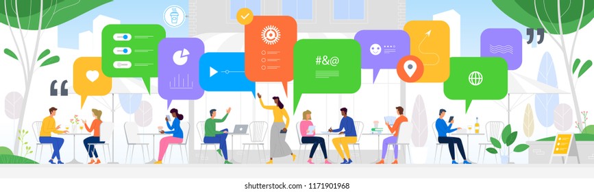 Social media concept. Communication in the global computer networks. Online assistant at work. Promotion in the network. People working together in the company, brainstorming. Vector illustration