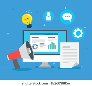 social media concept, computer and megaphone with icons vector illustration design