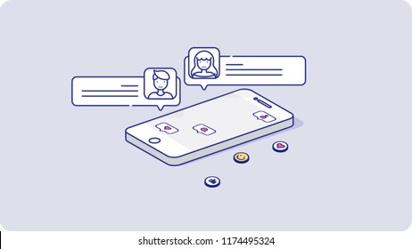 Social media concept with dialog speech bubbles. Flat isometric vector illustration isolated.