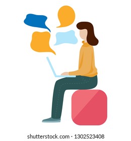 Social media concept. Dialogue, chatting, communication on laptop. Flat vector illustration isolated on white background