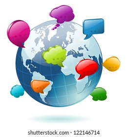 Social Media Concept - Earth with Icons Speech Bubbles, easy to change colors, vector illustration
