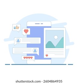 social media concept, feedback, comments, on smart device screen, social media marketing, mobile app, banner, business content strategy, digital marketing online connection, flat illustration.