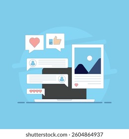 social media concept, feedback, comments, on smart device screen, social media marketing, mobile app, banner, business content strategy, digital marketing online connection, flat illustration.