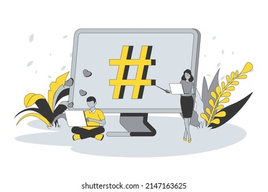 Concepto de medios sociales en diseño de línea plana. La gente se conecta usando laptops o computadoras, chateando en línea, dejando comentarios y me gusta, siguiendo blogs. Ilustración de vector con escena de contorno para web