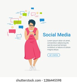 Social media concept flat vector illustration of young woman and using mobile smartphone for texting and leaving comments in social networks and dating app. Woman standing with speech bubbles around